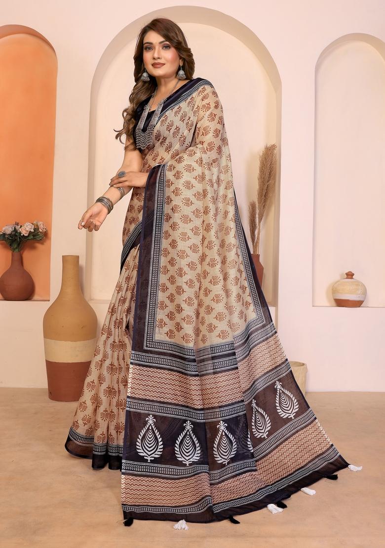 Brown Printed Cotton Saree Set - Indya