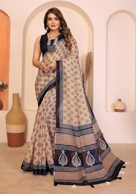 Brown Printed Cotton Saree Set
