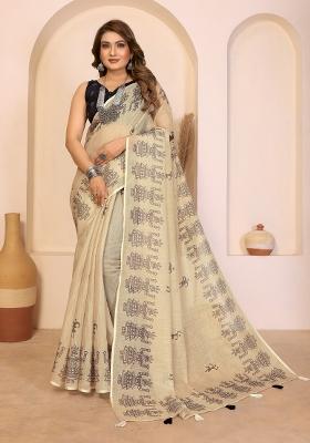 Brown Printed Cotton Saree Set