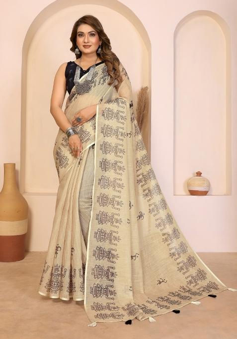 Brown Printed Cotton Saree Set