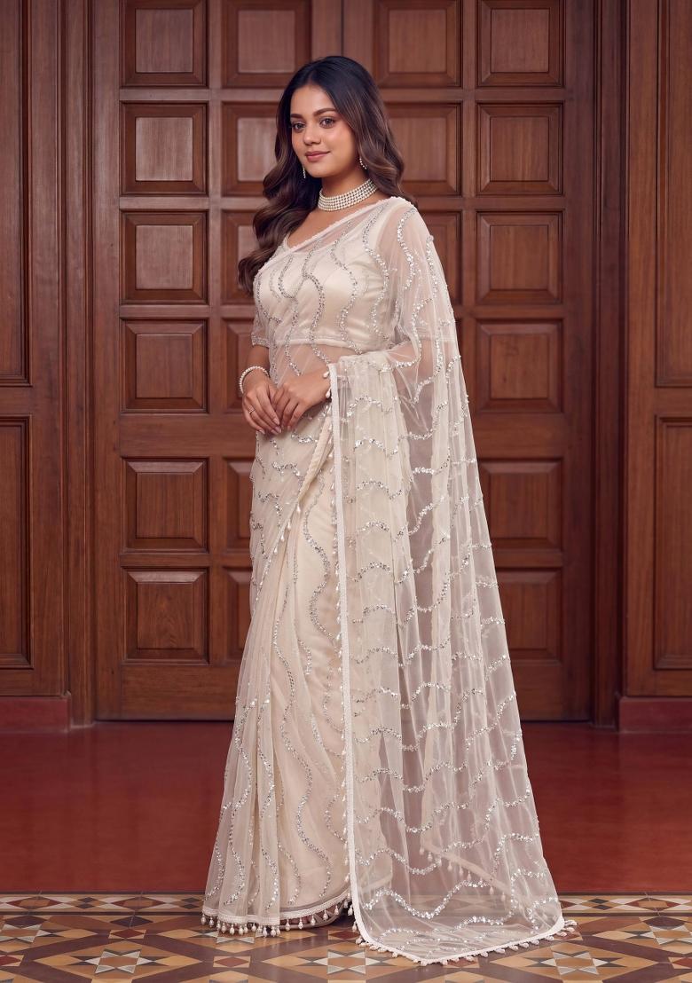 Ivory Embroidered Net Saree Set - Indya