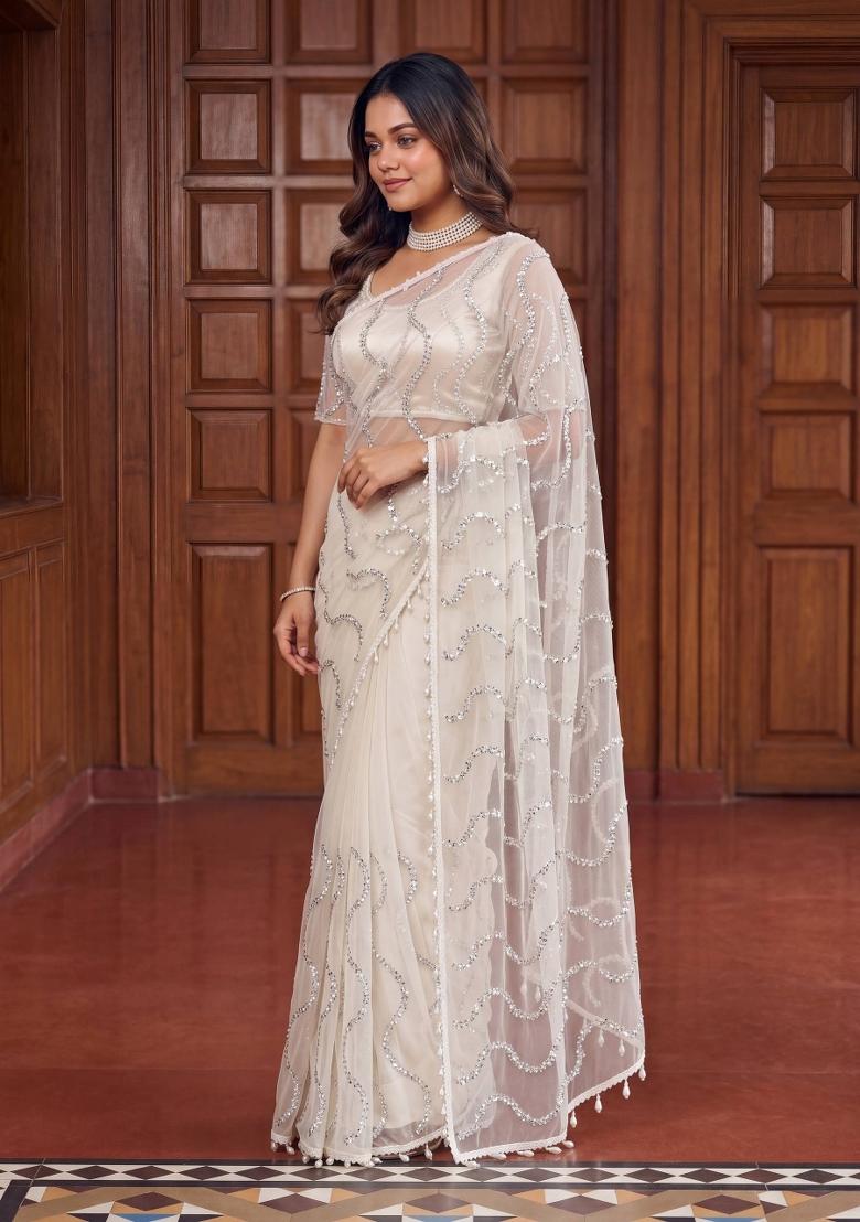 Ivory Embroidered Net Saree Set - Indya
