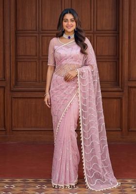 Light Pink Embroidered Net Saree Set