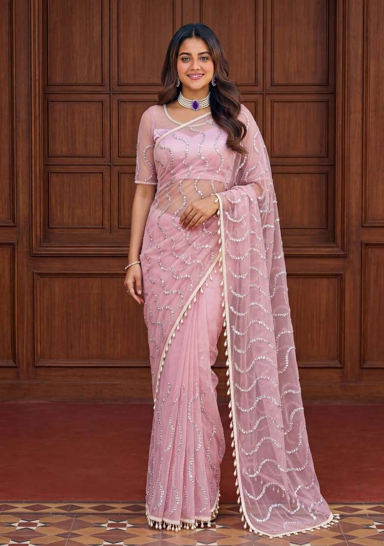 Light Pink Net Saree Set with Embroidered for Diwali | Wedding & Festive Wear - Indya