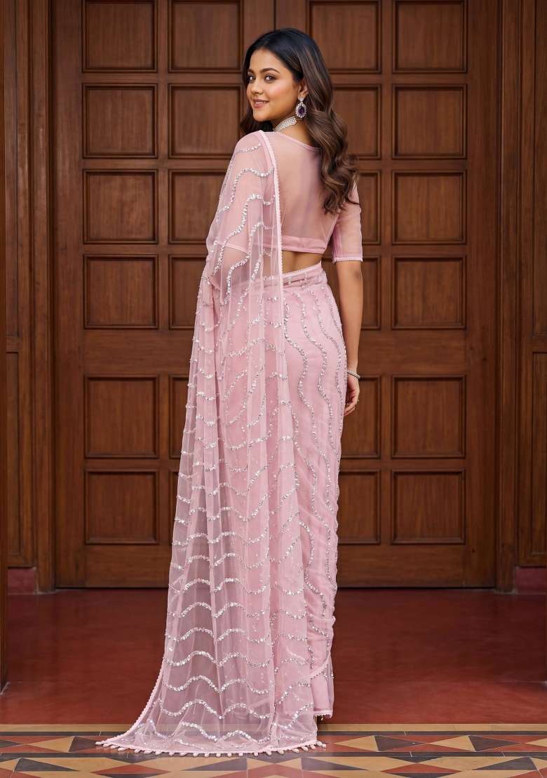 Light Pink Net Saree Set with Embroidered for Diwali | Wedding & Festive Wear - Indya