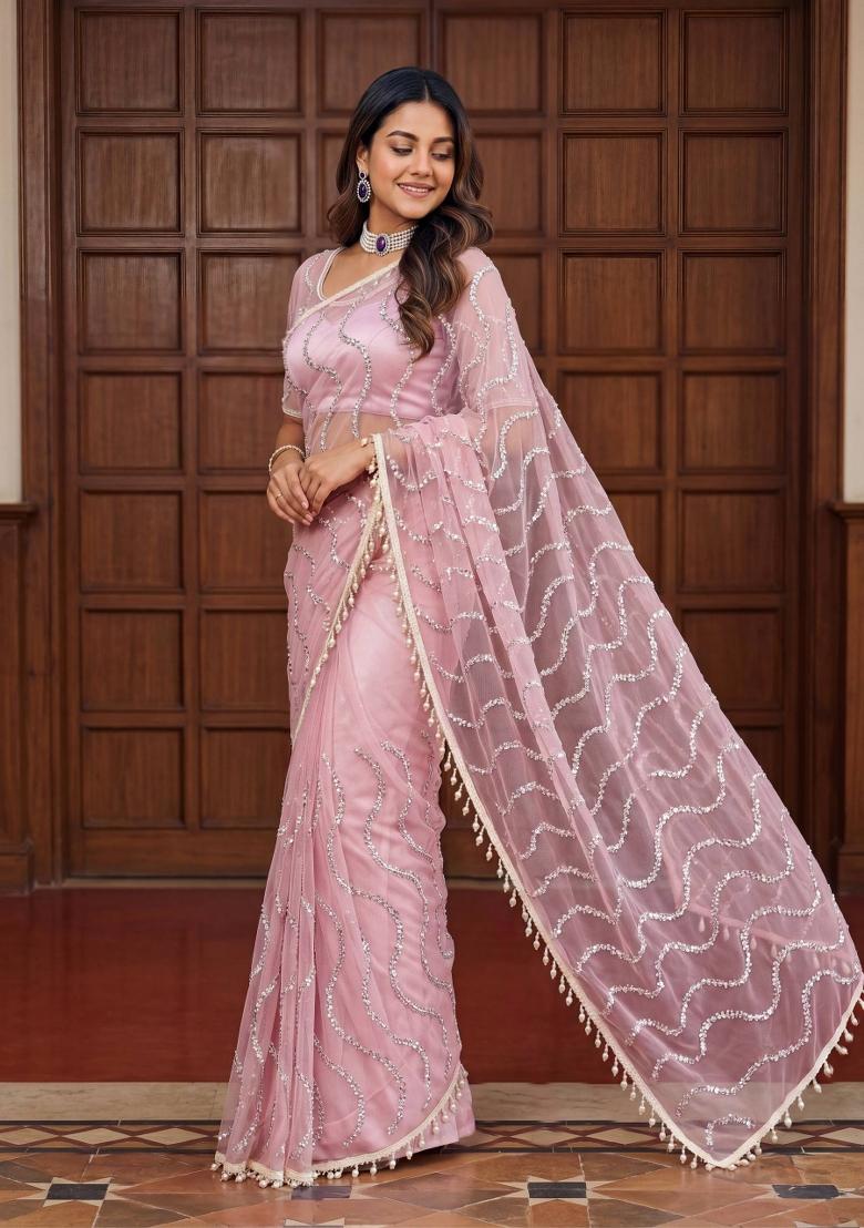 Light Pink Embroidered Net Saree Set - Indya