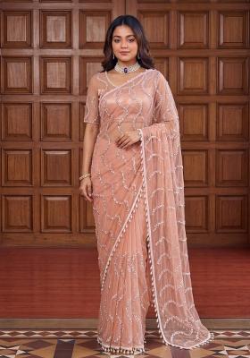 Peach Embroidered Net Saree Set