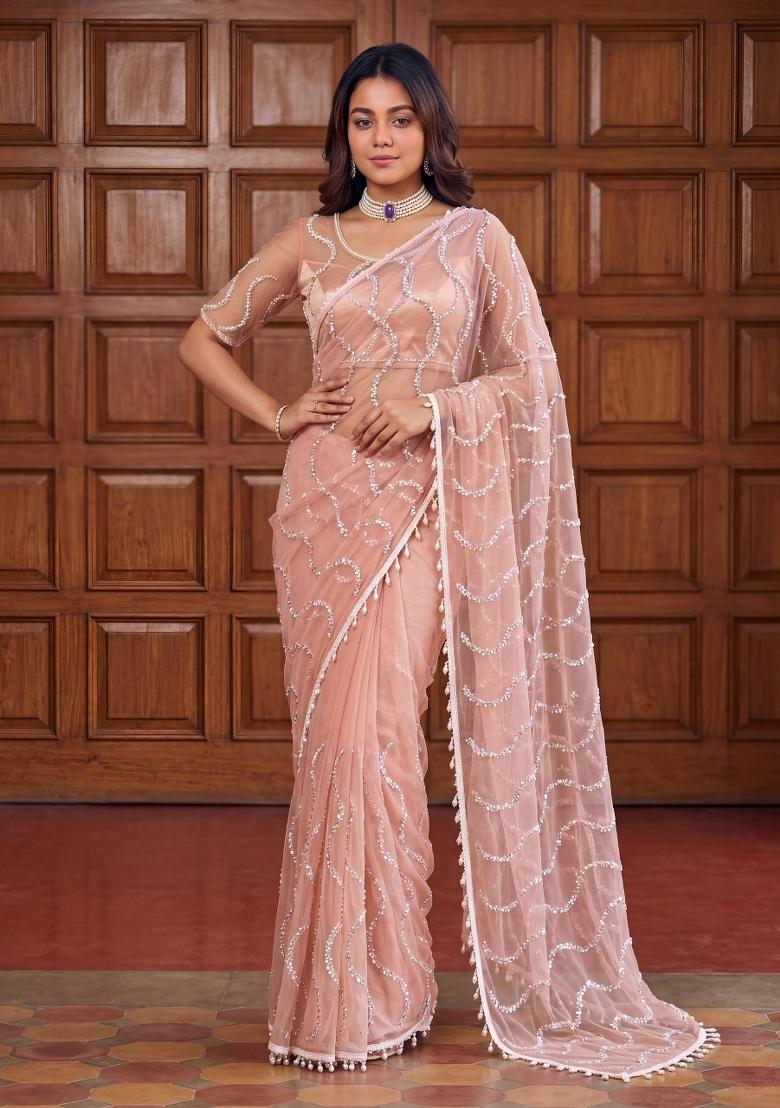 Peach Embroidered Net Saree Set - Indya