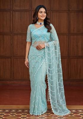 Light Blue Embroidered Net Saree Set