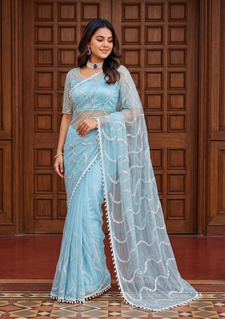 Light Blue Embroidered Net Saree Set - Indya