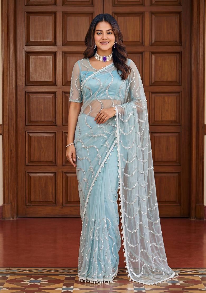 Light Blue Embroidered Net Saree Set - Indya