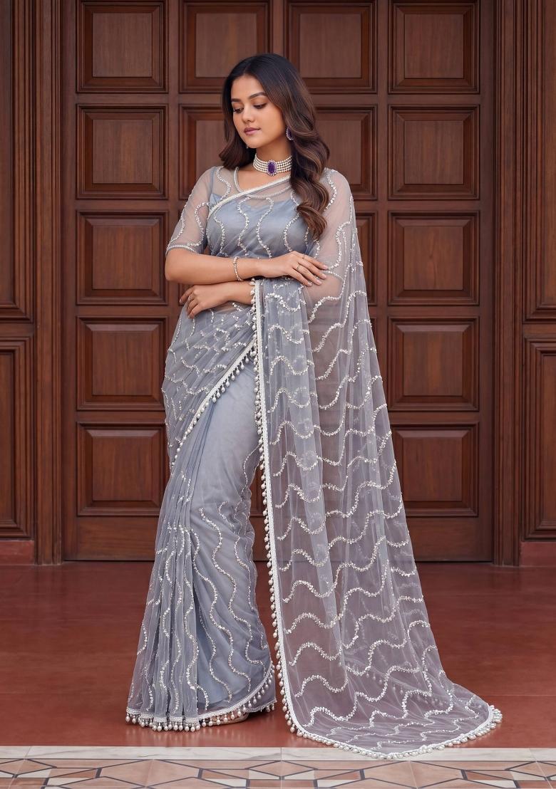 Grey Embroidered Net Saree Set - Indya