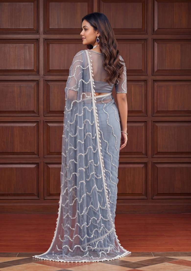 Grey Net Saree Set with Embroidered for Diwali | Wedding & Festive Wear - Indya