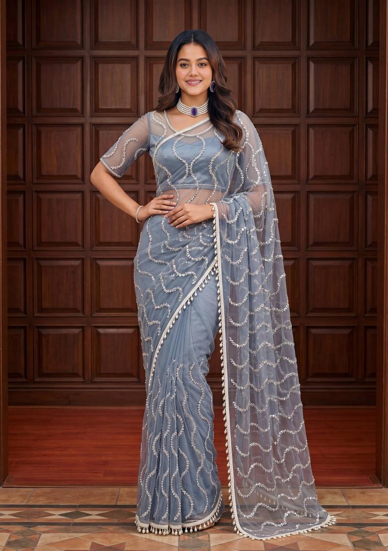 Grey Embroidered Net Saree Set - Indya