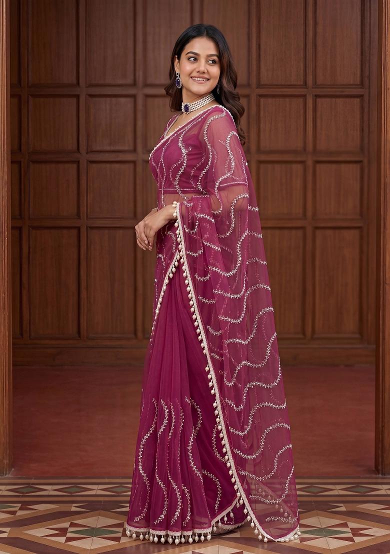 Wine Embroidered Net Saree Set - Indya