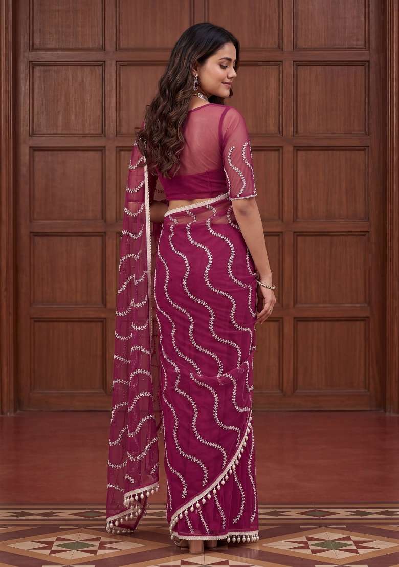 Wine Net Saree Set with Embroidered for Diwali | Wedding & Festive Wear - Indya