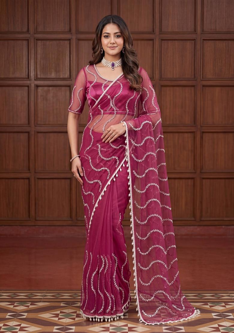 Wine Embroidered Net Saree Set - Indya