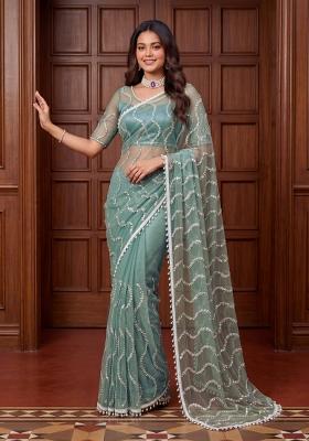 Sea Green Embroidered Net Saree Set