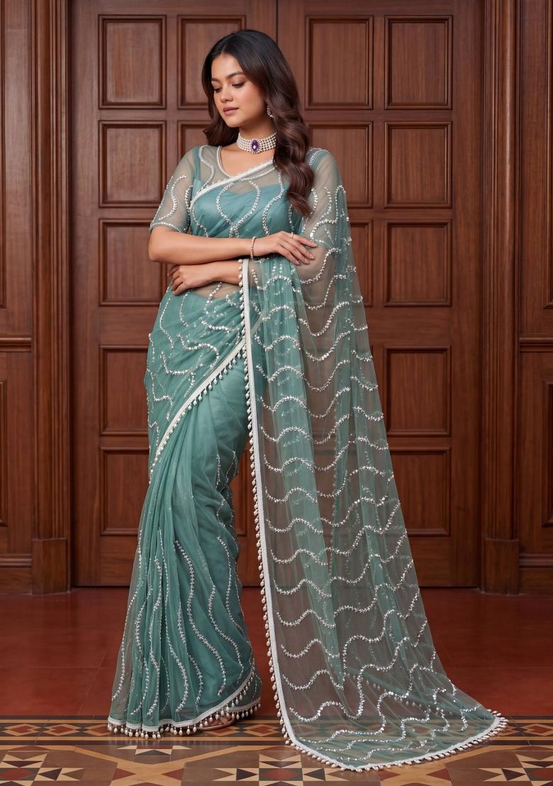 Sea Green Embroidered Net Saree Set - Indya