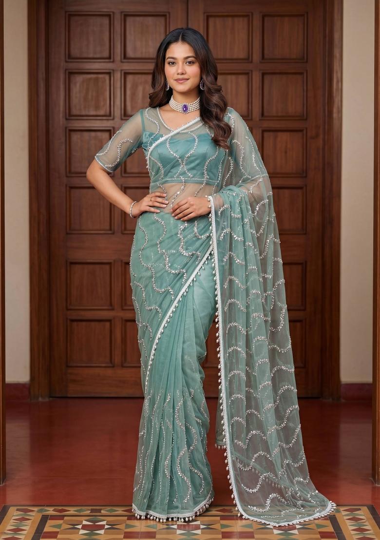 Sea Green Embroidered Net Saree Set - Indya