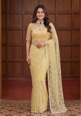 Yellow Embroidered Net Saree Set