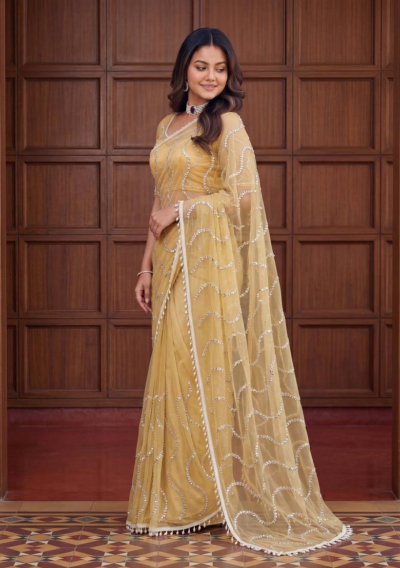 Yellow Embroidered Net Saree Set - Indya