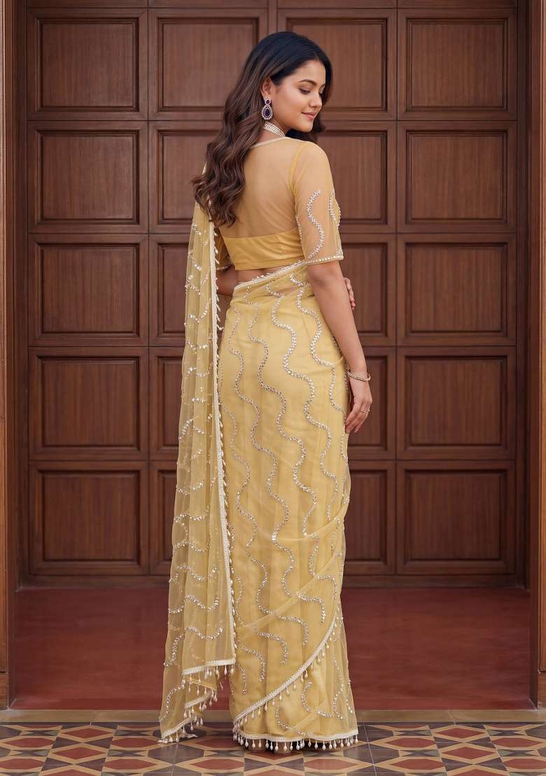 Yellow Embroidered Net Saree Set for Diwali and Festive Wear - Indya