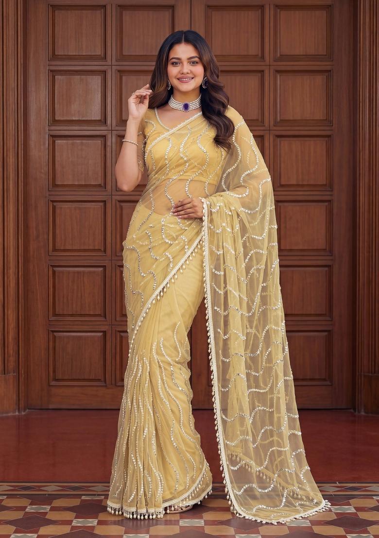 Yellow Embroidered Net Saree Set - Indya
