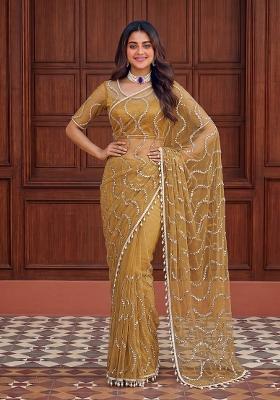 Mustard Yellow Embroidered Net Saree Set