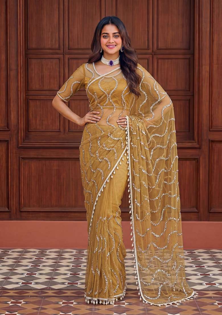 Mustard Yellow Net Saree Set with Embroidered for Diwali | Wedding & Festive Wear - Indya
