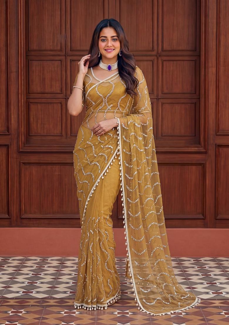 Mustard Yellow Embroidered Net Saree Set - Indya