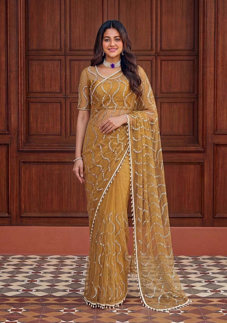 Mustard Yellow Embroidered Net Saree Set - Indya