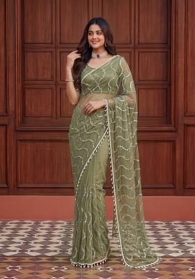 Olive Green Embroidered Net Saree Set
