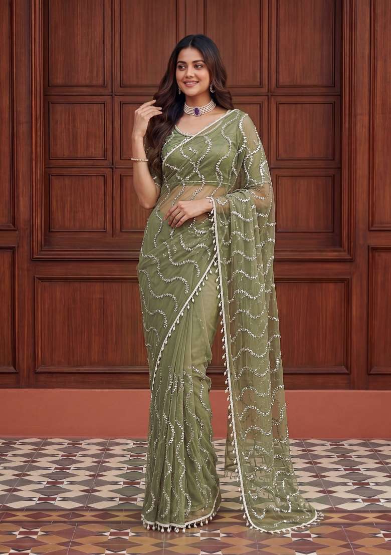 Olive Green Embroidered Net Saree Set for Diwali and Festive Wear - Indya