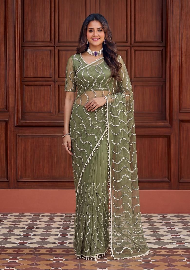Olive Green Embroidered Net Saree Set - Indya