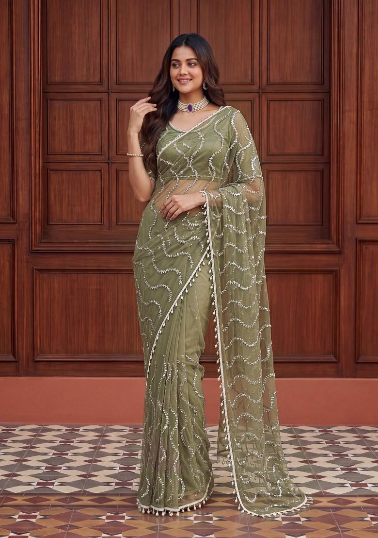 Olive Green Embroidered Net Saree Set - Indya
