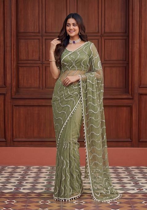 Olive Green Embroidered Net Saree Set