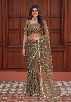 Olive Green Embroidered Net Saree Set