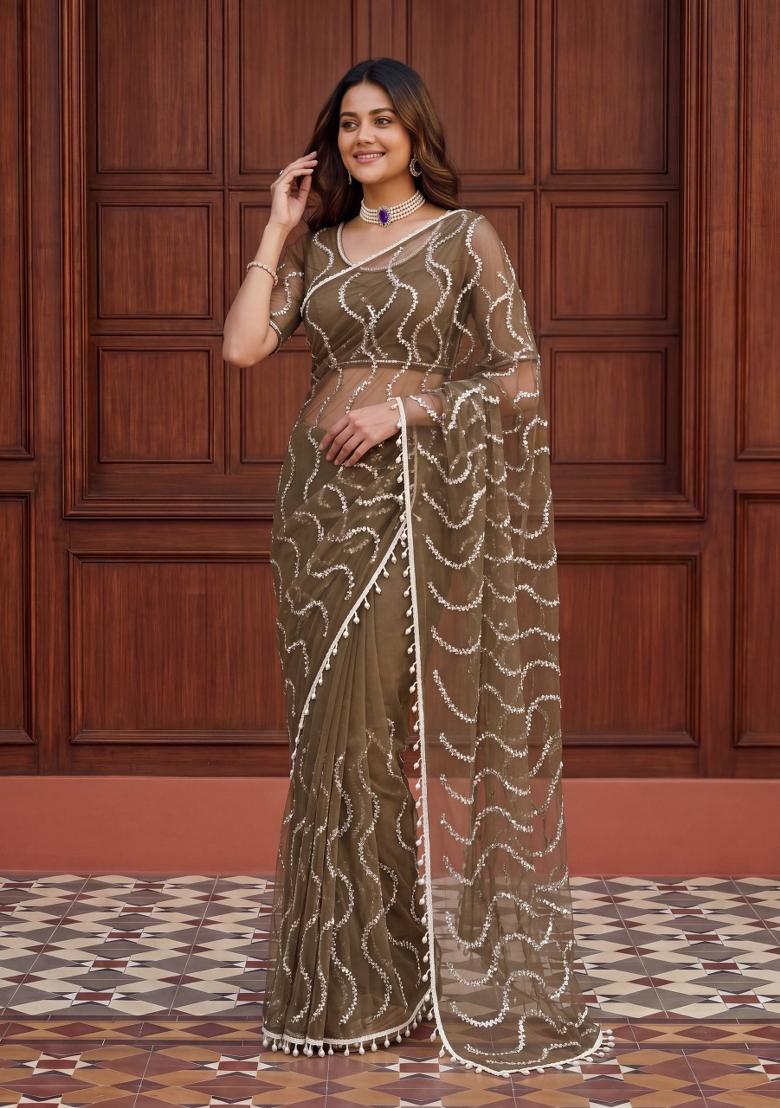 Olive Green Embroidered Net Saree Set - Indya