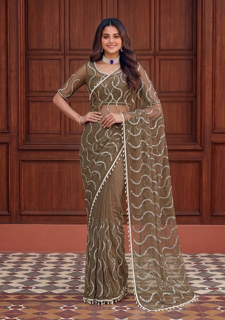 Olive Green Embroidered Net Saree Set - Indya