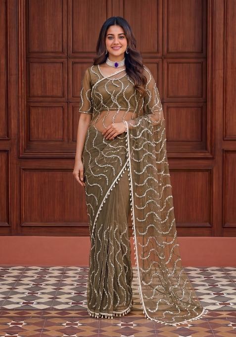 Olive Green Embroidered Net Saree Set