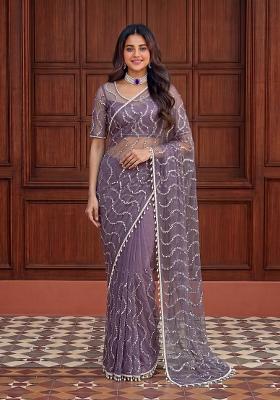 Purple Embroidered Net Saree Set
