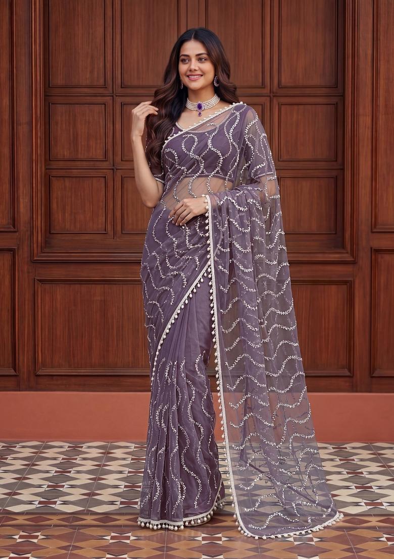 Purple Embroidered Net Saree Set - Indya
