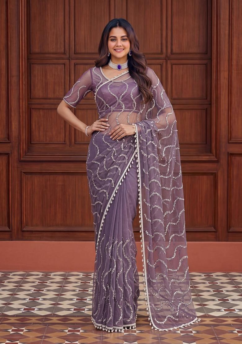 Purple Embroidered Net Saree Set - Indya