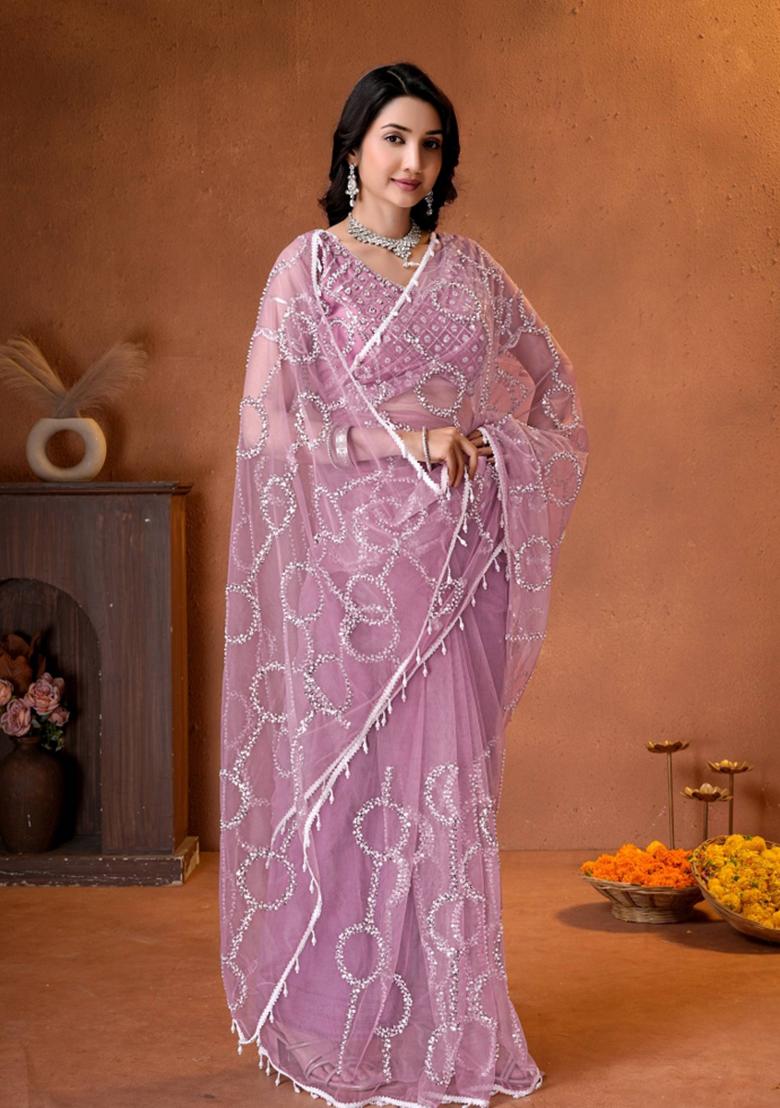 Lilac Embroidered Net Saree Set - Indya