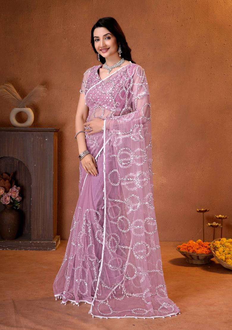 Lilac Embroidered Net Saree Set - Indya