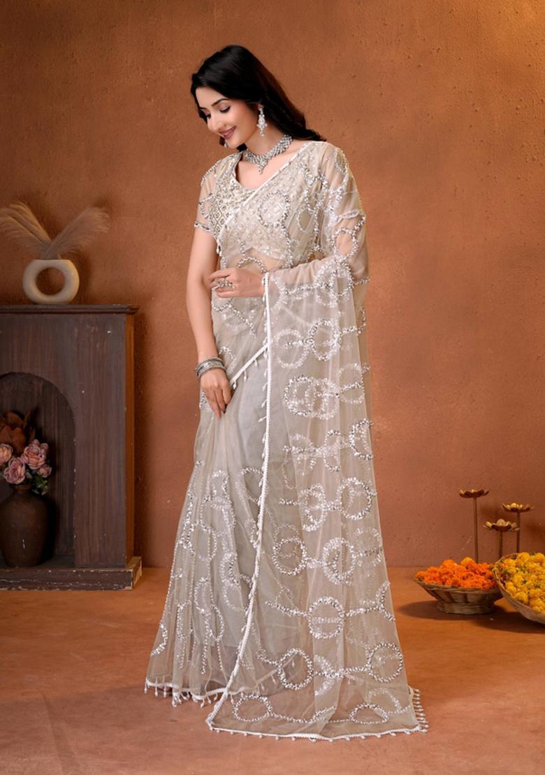 Champagne Embroidered Net Saree Set - Indya