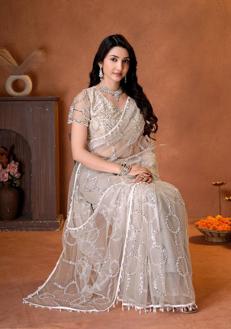 Champagne Embroidered Net Saree Set - Indya