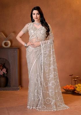 Cream Embroidered Net Saree Set