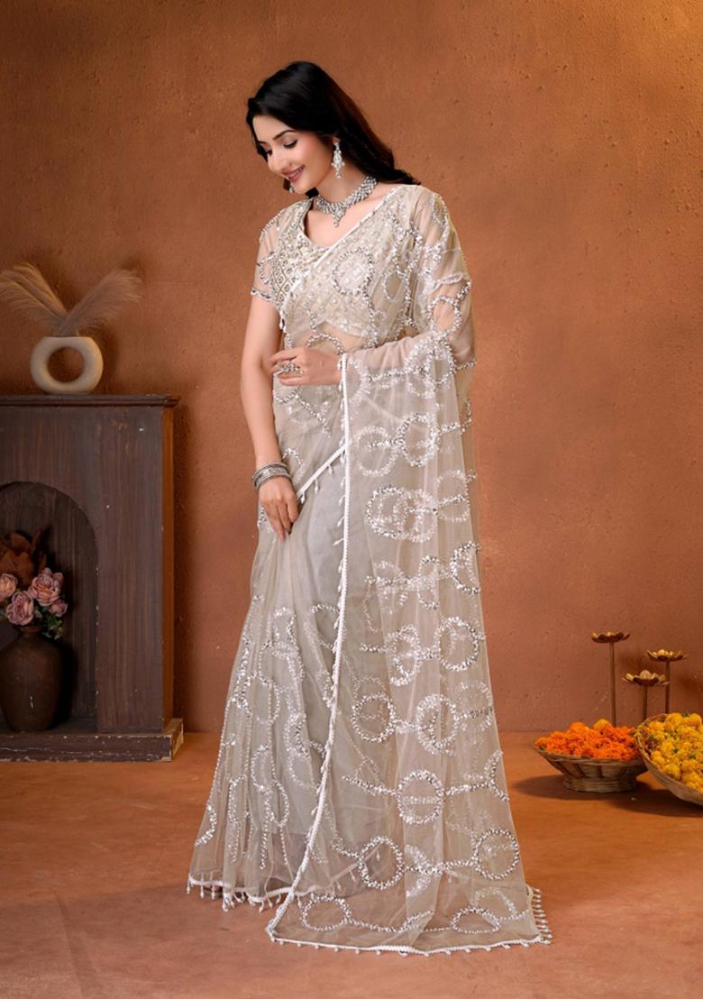 Cream Embroidered Net Saree Set - Indya